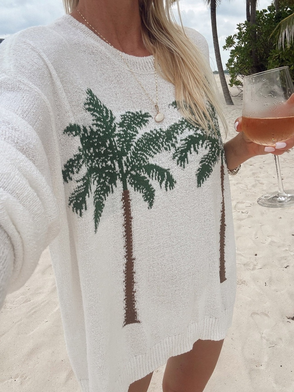 Show Me Your Mumu Woodsy Sweater Palm Tree Graphic Cream White